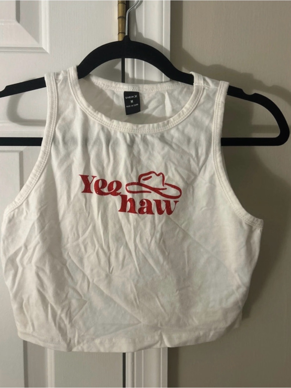 SHEIN White Crop Tank with Red 'Yee Haw' Graphic